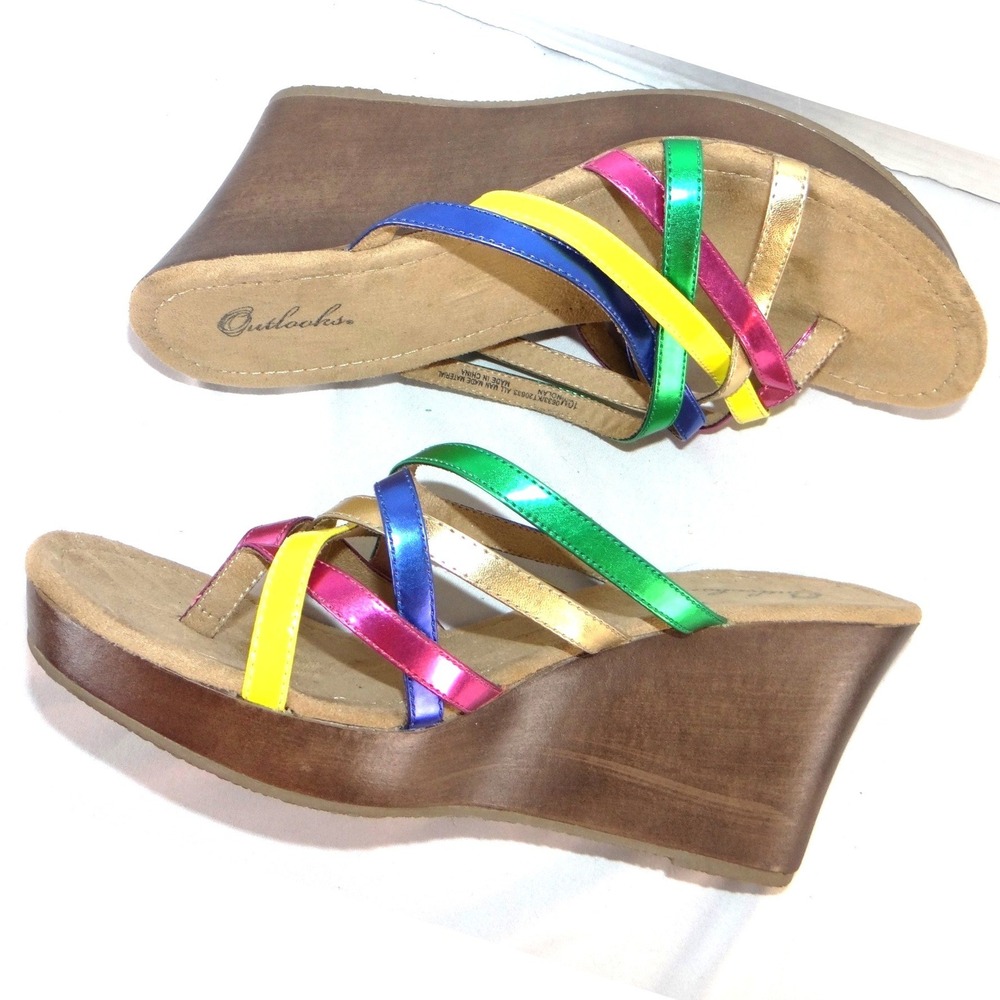Outlooks Nolan Womens 10M Multi Color Metallic Strappy Wedge Sandals